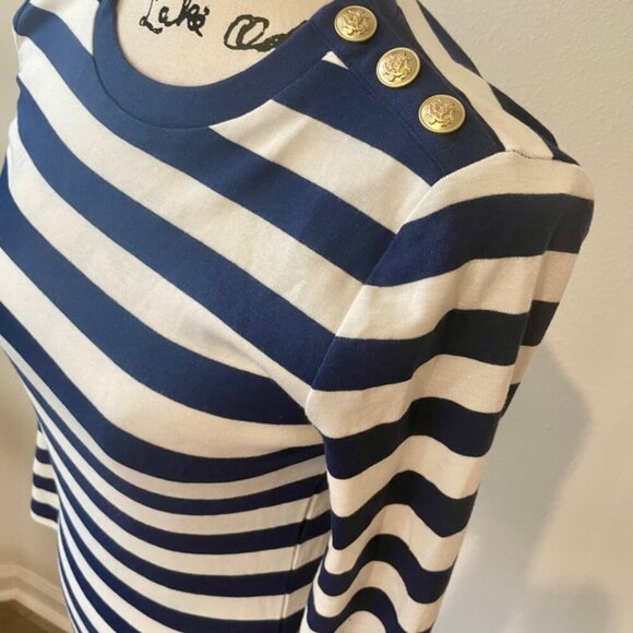 J.CREW TOP CREW NECK TAILORED GOLDEN BUTTONS BLUE LINES SZ S COASTAL SAILOR CORE - Picture 8 of 16